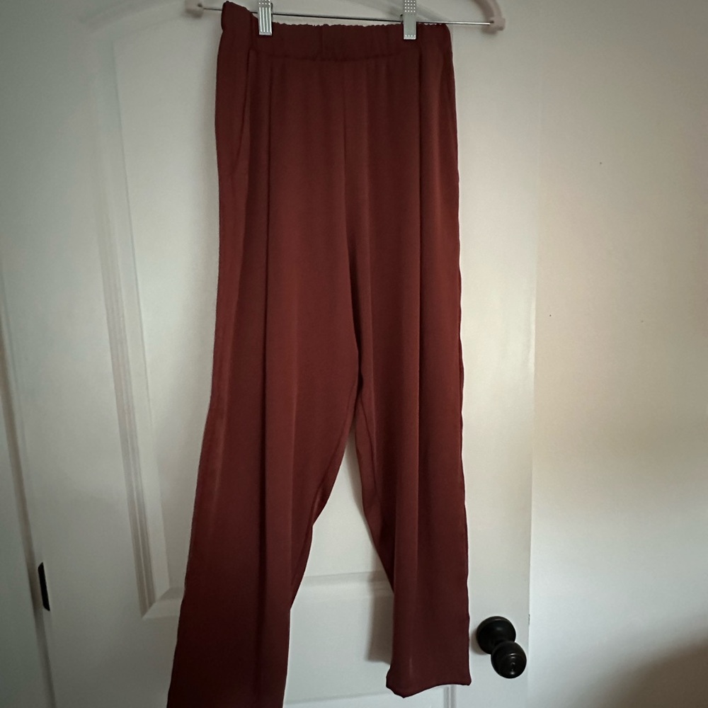 Tyche Silky Straight-Leg Elastic Waist Pants in Rust